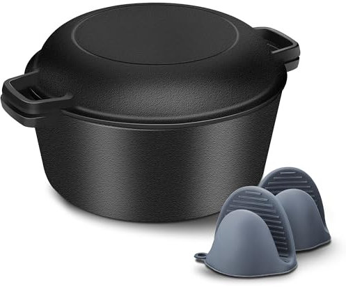 Herogo Non-Stick Dutch Oven, 2 In 1 Cast Iron Pot with Function Skillet Lid, 5 Qt Combo Cooker Casserole Pot with Handle Covers for Camping Cooking Baking, Pre-Seasoned, Durable & Heavy Duty, Black