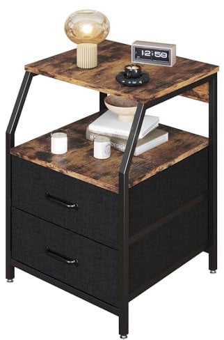TREETALK Side Table, Sofa End Table with Oblique Angled Storage Shelf, 2 PCS Fabric Drawers and Adjustable Leg Pads,Nightstand Beside Table for Living Room Bedroom Rustic Brown