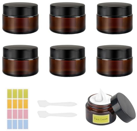 Amber Glas Leerdose,30ml Cremedose zum Befüllen, 6 Stück Salbentiegel mit 2 Spatel und Aufkleber, Leer Nachfüllbare Cremetiegel, Braunen Glasbehälter für Lotion, Creme, Kosmetik