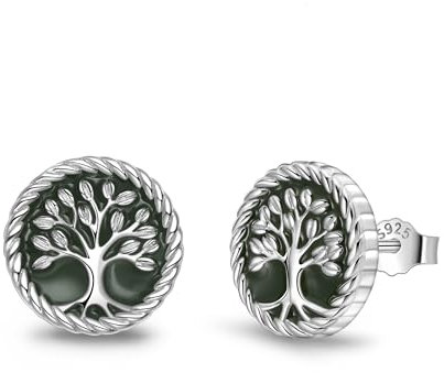 Lydreewam Tree of Life Earrings for Women 925 Sterling Silver Green Enamel Family Tree Stud Earrings, Diameter 12mm