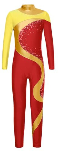 Miaeowve Voltigieranzug Ganzkörper Kinder Mädchen Langarm Gymnastikanzug Strass Glitzer Ballettbody Metallic Patchwork Tanztrikot Wettbewerb Tanzkleidung Gelb Rot 158-164