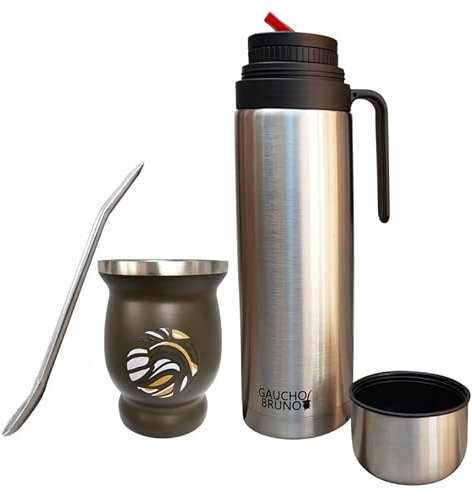Gaucho Bruno Yerba Mate Kit – Taza térmica de acero inoxidable con termo de 1 litro con precisión Pour Pico Cebador y pajita de bombilla | Juego completo para Yerba Mate Bird