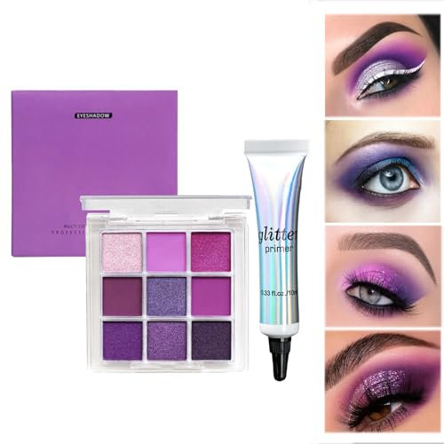 Eyeshadow Lidschatten-Palette mit 9 Farben in matt und Glitzer, wasserfest schimmernd in mattem Farbton, hochpigmentierte Glitzer-Lidschatten, Augen-Glitzer-Make-up-Palette (Lila)