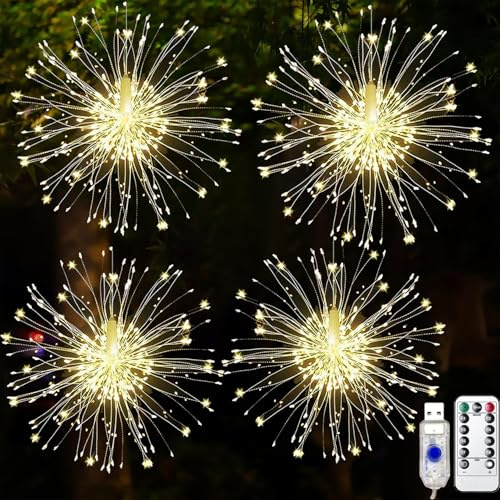 LXWINNER Fuegos Artificiales, 4 Piezas 120 LED Luces Navidad, 8 Modos USB Guirnalda Con Mando a Distancia, Para Interiores, Exteriores, Festivales Decoraciones