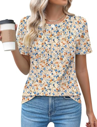Cuptacc Top Damen Rundhals Mit Falten 2025 Mode Sommer Tshirt Kurzarm Casual Lockere Passform T Shirt Damen Geblümt Weiße Braune Blumen Klein S 34-36