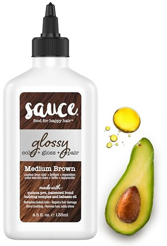 Sauce Beauty Glossy Color + Gloss + Repair, Medium Brown, Semi Permanent Hair Dye with Bond-Building and Color-Fade Protection Technology, Adds Shine & Deep Moisture, Lasts 4-8 Weeks, Stops Fade