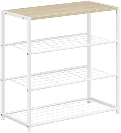 WOLTU Shoe Rack with 3 Wire Shelves, Metal Shoe Rack Narrow Hallway Storage Unit with Wooden Top, Storage Unit, 63x30x63cm, Light Oak + White