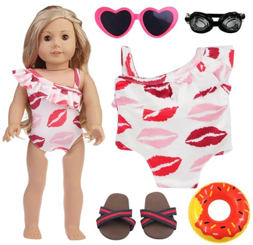 Zkaoai Puppenkleidung Sommer 5 Teilig, Schwimm Set für Puppen, Kleidung Zubehör für Puppen mit Badeanzug, Clogs, Schwimmring, Sonnenbrille, Schwimmbrille, Puppenzubehör für 35-45 cm Schwimmpuppe