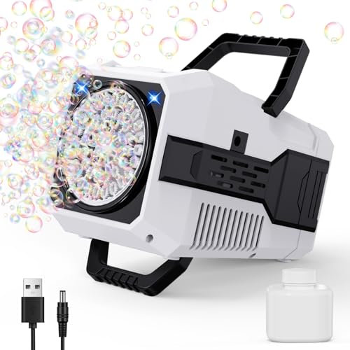 Machine à Bulles Automatique Portable Rechargeable pour Enfants - 10000+ Bulles par Minute avec 6 Grands Trous/2 Solutions pour Extérieur Mariage Fête