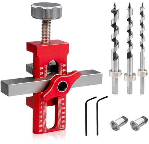 Cabinet Door Mounting Jig, Adjustable Hardware Positioner Tool with 3 Drill Bits, Aluminum Alloy Mount Cabinet Installation Locator, Woodworking Drilling Holding Clip for Quick and Accurate Setup, Red