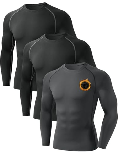 Orrfreer 3 Pack Men's Thermal Long Sleeve Top Fleece Lined Thermal Underwear Quick Dry Compression Base Layer for Football Running,Moisture Wicking Breathable Muscle Support