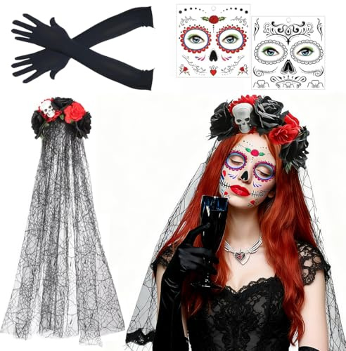 JCOTCL Dia de los Muertos Haarreif Schleier, Halloween Tag der Toten Haarreif und Schleier, Mexikanische Stirnband Kopfschmuck Rosen Totenkopf