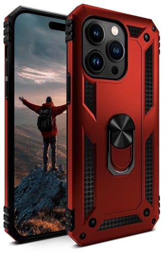 ONEFLOW für iPhone 15 Pro Max Hülle mit Handygriff Ständer, Outdoor Schutzhülle stoßfest Panzerhülle mit Kameraschutz, Handyhülle Hybrid TPU Case, Titan Cover, matt Rot