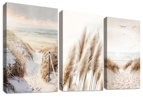 3Pcs Boho Pampasgras Schilf Leinwand Bilder Set Mit Rahmen Poster Natur Strand Ostsee Meereslandschaft Bild auf Leinwand Malerei Wandbilder Wohnzimmer Schlafzimmer Esszimmer Wanddeko 50x70cm x3pcs