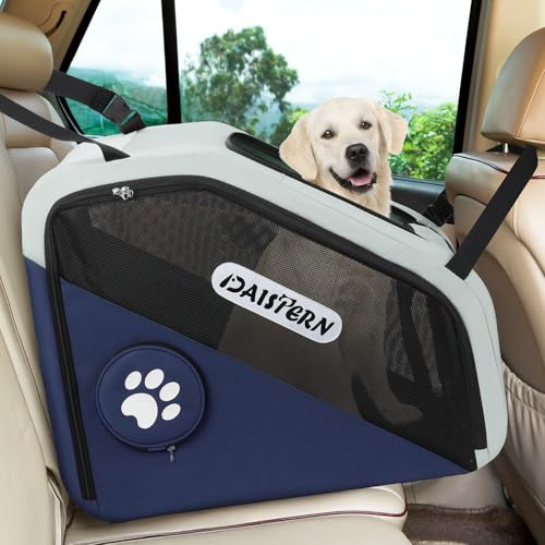 DAISTERN Faltbare Hunde Transportbox für Auto&Reisen Blau | Tragbare Softbox für kleine&mittelgroße Hunde, Schnell zusammenklappbar, Metallgestell, Netzfenster & Handöffnung