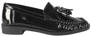 Mocassini Donna Eleganti in Simil Pelle Verniciata, Neri con Nappine, Punta Arricciata, Tacco 2,5 cm, Suola Gomma, Slip-on