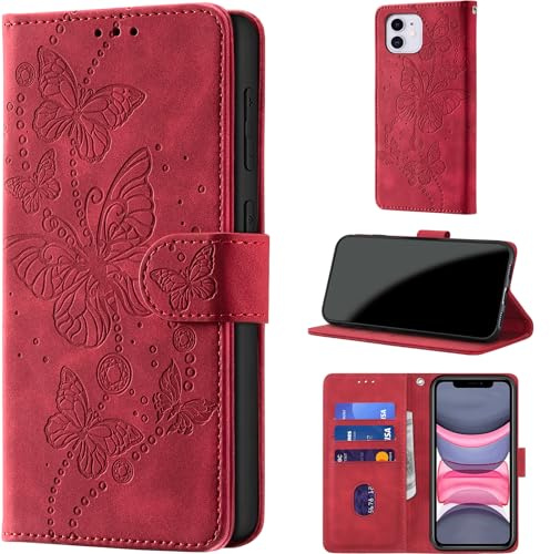 for iPhone 11 Wallet Case Flip, Red | RFID Blocking, 3 Card Holder Stand, Shockproof TPU Shell, PU Leather Magnetic Closure
