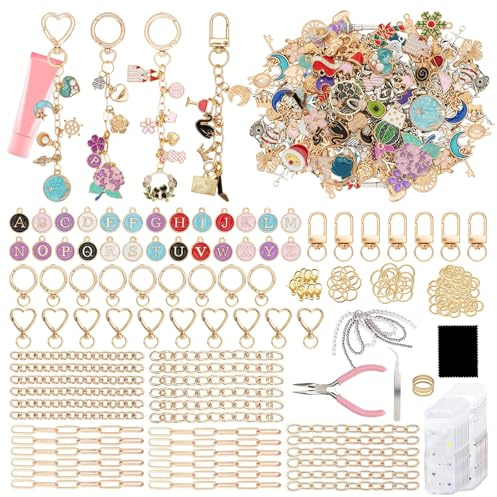 TXGSDXS 432Stk. DIY Schlüsselanhänger Basteln Charms Anhänger Set mit Clips | Alles dabei mit Schmuckzange, Clips, Ketten und Biegeringen, sofort einsatzbereit für kreative Anhänger, Taschenanhänger