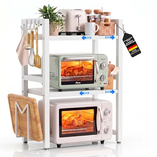 Kiseely Erweiterbares Mikrowellen Regal 3 Stufig, Bäckerregale mit Haken, Kitchen Organizer Shelf für Küchenaufbewahrung, 3-stufiges Gewürzregal, Küchenregal Stehend für Backofen (Weiß VP3, 3-Stufig)