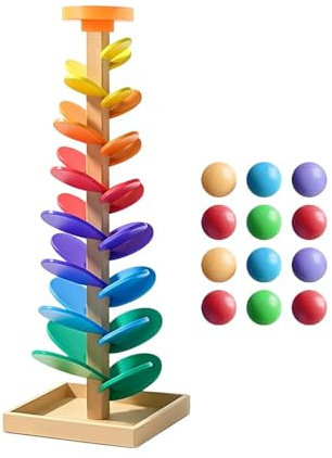 Rainbow Music Tree | Wooden Musical Marble Ball Run Tower Interactive Educational Toy 72cm Color Learning Chime Cascade Track Set with 12 Balls for Preschool Classroom Home Playroom