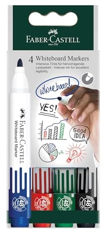 FABER-CASTELL 253942 - Whiteboard Marker W20, 4er Etui nachfüllbare Board Marker, Strichbreite 2,25 mm, leicht abwischbare Marker