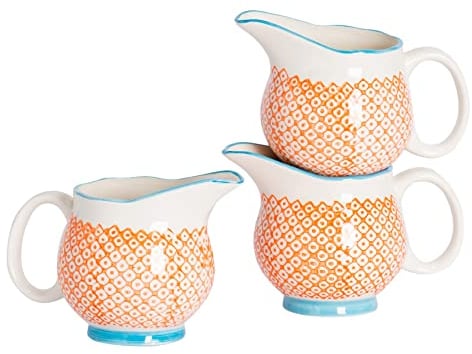Nicola Spring Hand-Printed Milk Jugs - 300ml - Pack of 3 - Orange Decorative Porcelain Dishwasher Safe Floral Pattern Tableware Cappuccino Coffee Milk Pitcher Jugs with Handle