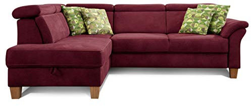 Cavadore Schlafsofa Ammerland mit Ottomane links / Federkern-Sofa im Landhausstil mit verstellbaren Kopfstützen, Bett und Bettkasten / 245 x 84 x 194 / Lederoptik rot