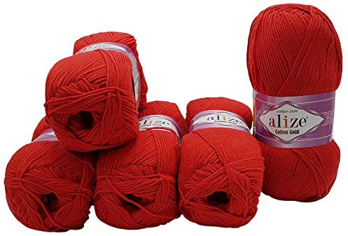 Alize Cotton gold 5 x 100g Strickwolle 55% Baumwolle, 500 Gramm Wolle einfarbig (rot 56)