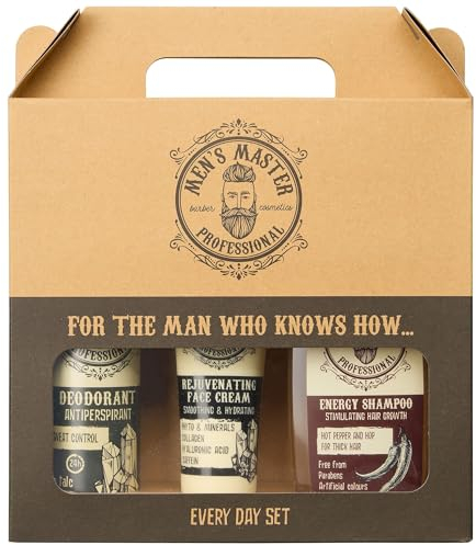 Set de regalo para hombre 3 piezas de Men's Master, Every Day Set, Desodorante antitranspirante, Crema rejuvenecedora y Champú estimulante
