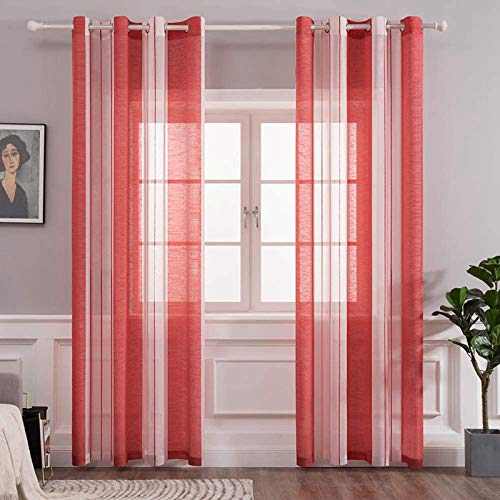 MIULEE Gardinen Gestreift Transparent mit Ösen, Voile Vorhänge Wohnzimmer Modern 2er Set, Vorhang Schlafzimmer Transparent mit Rot Weiss Gestreift Muster, Vorhang Halbtransparent Streifen 140X175 cm
