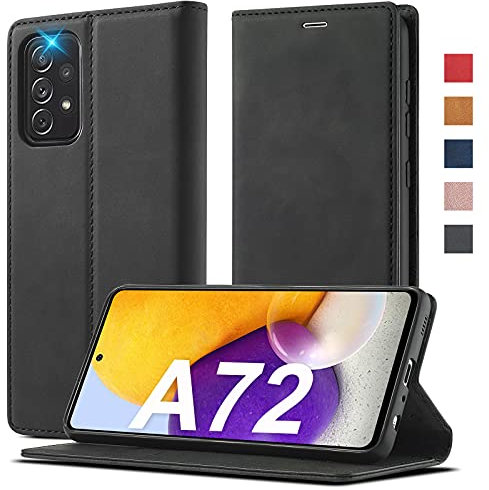 Ailicici Premium Leder Hülle für Samsung Galaxy A72 mit Kartenfächern, Standfunktion und Magnetverschluss in Schwarz