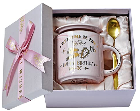 ALBISS 30th Birthday Gifts for Women, 14oz Pink Happy 30th Birthday Mug Printed with Gold, Ceramic Cup with Golden Spoon, Lid, Greeting Card, 1993 Bday Gifts for Turn 30 Years Old Her, Nice Gift Boxed