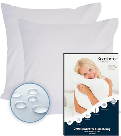 Komfortec Protège Oreiller Imperméable 60 x 60 cm Lot de 2 avec Fermeture éclair, Respirantes, hypoallergéniques, Anti-acariens, 2 Housses de Coussin Blanches