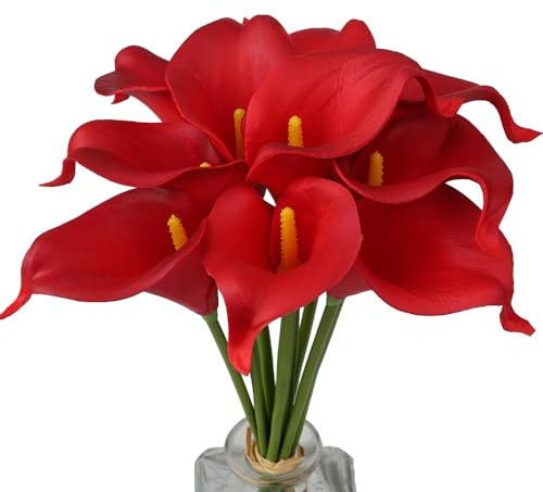 Mini ramos artificiales de lirio de cala de 10 tallos de látex artificial de tacto real para decoración del hogar y fiestas (rojo)