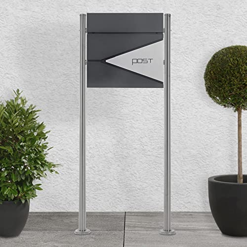 ECD Germany Standbriefkasten mit Zeitungsfach, Design Briefkasten mit Pfosten, Briefkastenanlage, Briefkastenständer Silber 120 cm Edelstahl, Postkasten Anthrazit-Silber Edelstahl pulverbeschichtet