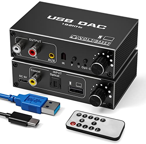 Tendak USB DAC Digital a Analógico Audio Converter - Tendak USB Optische SPDIF Coaxial to Analog Stereo RCA L/R 3,5 mm Jack Audio Adapter Convertidor con Control de volumen, Ajuste de Bass, Mando a