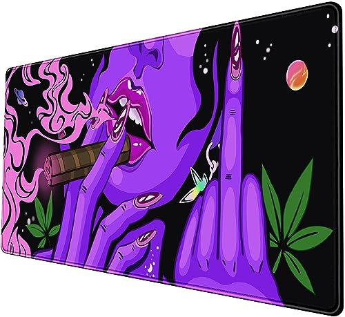 Anime-Neon-Mauspad, cooles Mädchen, 80 x 40 cm, lustiges Hippie-/Hippie-Schreibtischunterlage, Trippy, lila, rosa, schwarz, Kunst, Gaming-Desktop-Schreibtischschutz, für Frauen, Zuhause, Büro, Arbeit