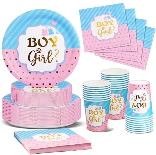 Bleu et Rose Gender Reveal Vaisselle, 96Pcs Baby Shower Assiette Kit Bébé Girl Or Boy Party Decoration, Fête Assiettes Carton Gobelet Serviettes en Papier, Fête de Révélation de Genre- 24 invités