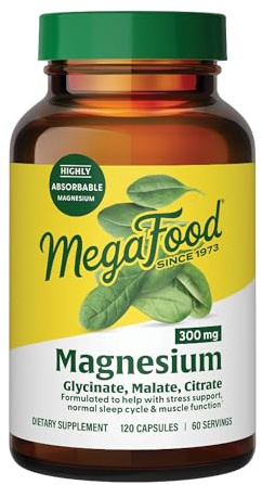 MegaFood Magnesium Glycinate, Citrate & Malate 300mg Supplement - Highly Absorbable Blend to Support Heart, Nerve Health & Relaxation, Triple Magnesium Complex Supplement, 120 Capsules (60 Servings)