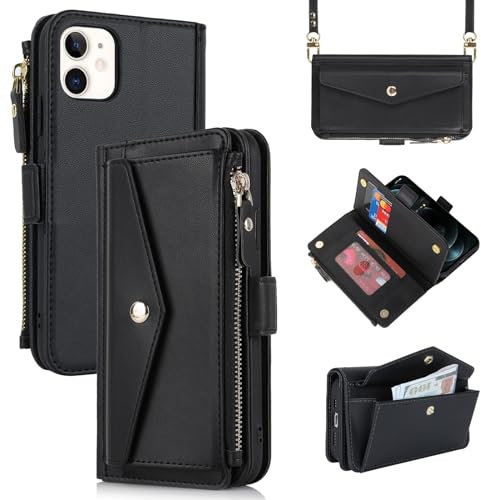 Zouzt for iPhone 12/12 Pro Wallet Case for Women, Purse with Credit Card Holder Slots Crossbody Lanyard Strap Zipper Flip Book Shockproof Protective Phone Cover for Apple 12/12 Pro 6.1 Inch (Black)