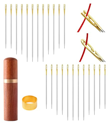 Quelcc 48 Stück Nähnadeln Set, 3 Größen Nähnadeln Ohne Einfädeln, Nähnadeln Selbsteinfädelnd, mit 1 Nadeln Box aus Holz and 1 Fingerhut, Einfaches Einfädeln Nadeln für DIY Stickerei