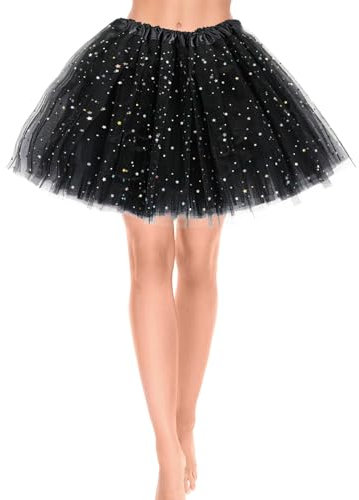 Damen Tüllrock 3 Lagen Tüll Rock mit Pailletten Sternen Adult Teen Tütü Rock Damen Mädchen Retro 80er Party Halloween Karneval Party Kostüm (Schwarz)