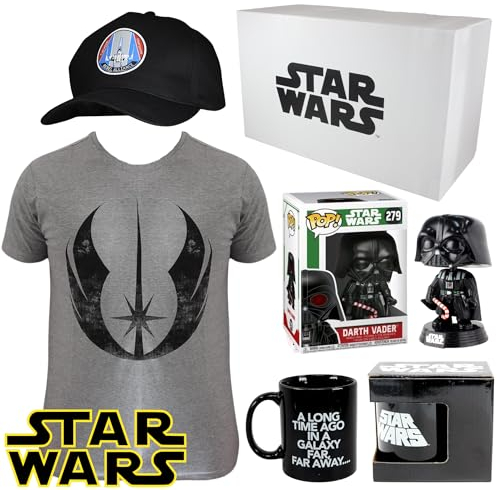 Star Wars Sammler-Set, 4-teiliges Set in Geschenkbox – Far Far Away 350 ml Keramikbecher, Rebellen-Allianz-Baseballkappe, Darth Vader Pop & Rebel Alliance T-Shirt, groß
