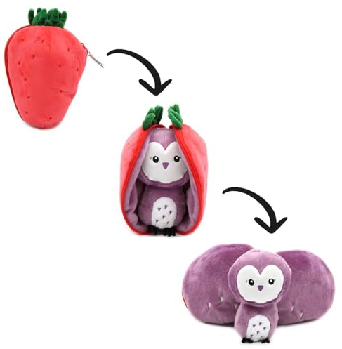 Les Déglingos Flipetz Kuscheltier, Violett, die Eule/Erdbeere – Versteckdecke wendbar – sehr weiches Plüschtier für Babys – Geschenkideen zur Geburt