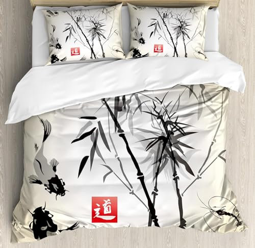 Luowenji Housse de Couette 160x200 Koi en Bambou Parure de Lit 1 Personne Housse de Couette Style Japonais Imprimé Housse Couette Doux Microfibre avec 2 Taies d’Oreillers c7256