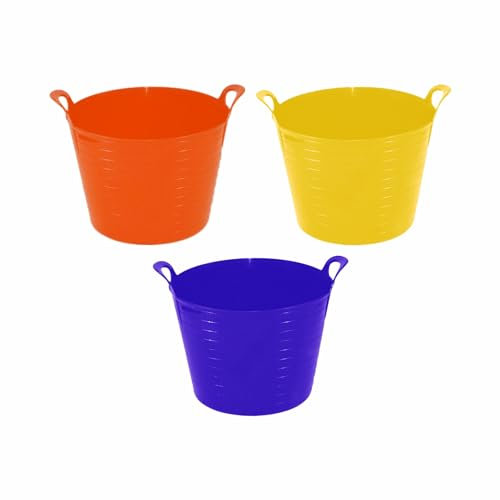 Set of 3-26l Litre Rubber Flexi Strong Bucket Medium Planter Washing Basket Trug Colour Bucket Rubber Flexi Strong Tub For Home Garden MADE IN U.K. (Orange, Yellow & Purple)