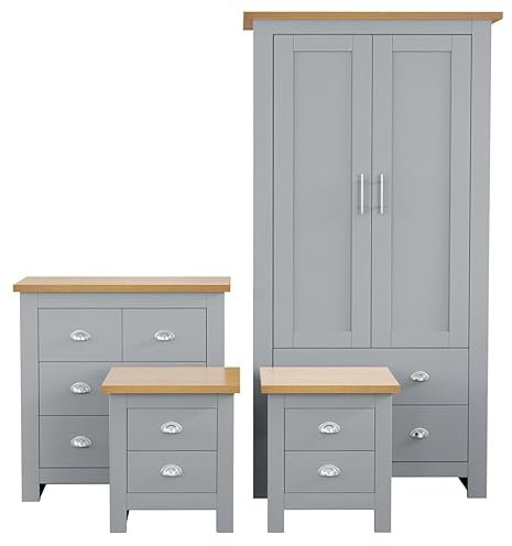 Blisswood Bedroom Furniture Set,3 Piece Bedroom Set With 2 Door Wardrobe & 2+2 Drawer Chest of Drawer+(2 x 1) 2 Drawer Bedside Table (2 Door Wardrobe + 2+2 Chest of Drawer & 2x1 Bedside Table Grey)