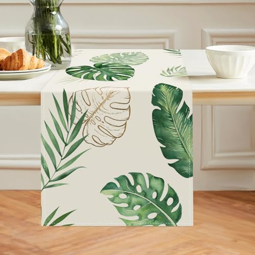 Bonhause Tischläufer Tropische Palmenblätter Tischläufer Sommer Grüne Blätter Küche Esstisch Dekoration für Drinnen Draußen Urlaub Party Waschbar Wohnkultur Tafeltuch (33 x 183 cm)