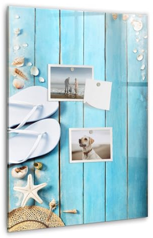 Tableau effaçable en verre magnétique | verre trempé robuste | livré avec aimants néodyme puissants, marqueur et éponge | pour organisation et créativité- 40x60 - Planches de plage bleues