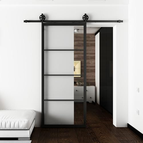 SEART Schiebetür Fertigset, hochgezogene VOBI mit Lagerschienen KOŁO FREIM Rollensatz, dekorative große Rollen, gehärtetes Glas - (transparentes Glas) 100x210 cm - Fertigset